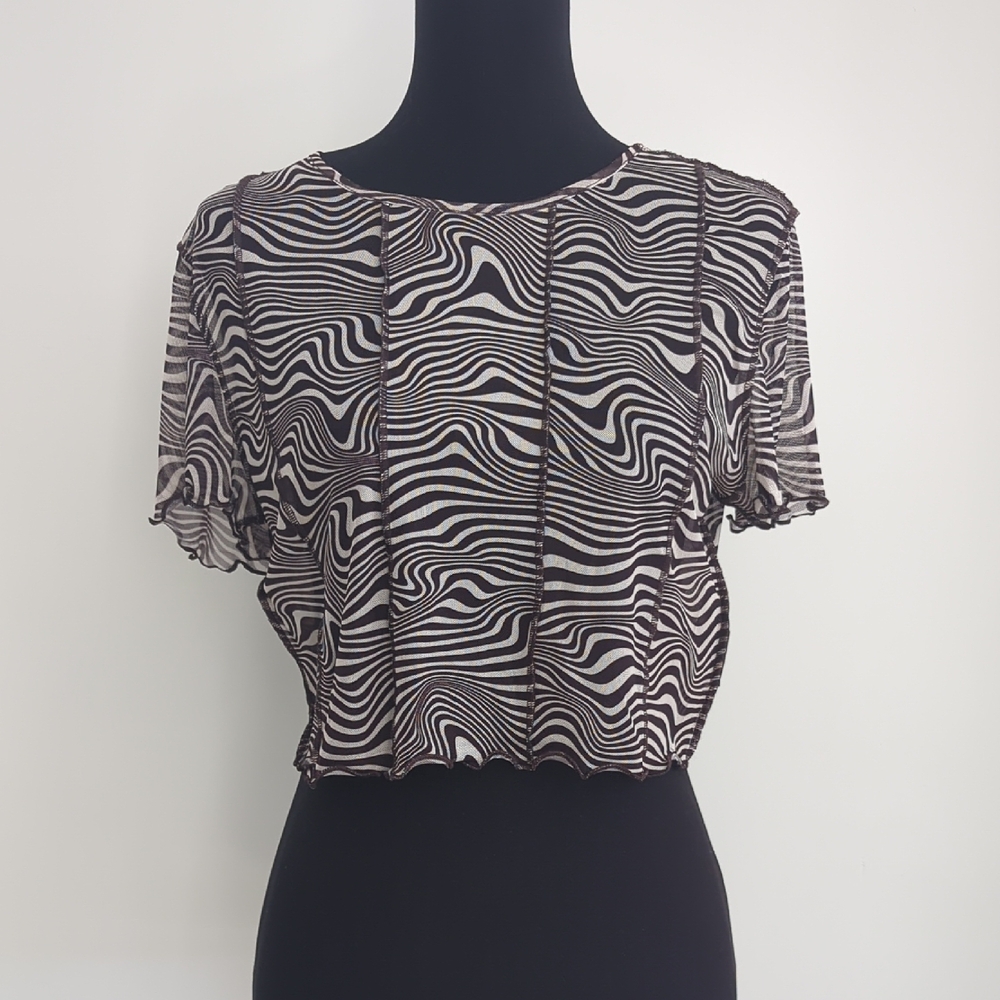 NWT H&M Divided Brown Swirl Mesh Crop Top Sheer Zebra Y2K Short Sleeve XLARGE
